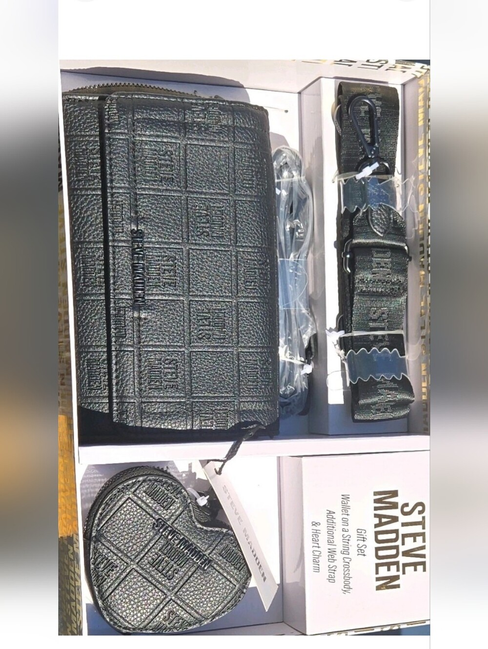 Steve Madden Black Embossed Crossbody Wallet & Strap Set